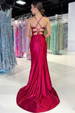 Cute Mermaid V Neck Burgundy Satin Prom Dress with Appliques TP1402