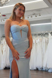 Fitted Corset Slit Strapless Light Blue Prom Dress With Split TP1405-Tirdress