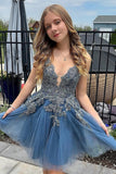 Grey Blue A Line Spaghetti Straps Tulle Short Homecoming Dress TN419-Tirdress