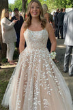 Lace Applique A-Line Champagne Prom Dress with Double Straps TP1357