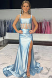 Light Blue Corset Satin Fitted Long Prom Dress Party Dress TP1397-Tirdress