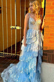 Light Blue Lace Tiered Tulle Long Corset Prom Dresses TP1318-Tirdress