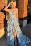 Light Blue Lace Tiered Tulle Long Corset Prom Dresses TP1318-Tirdress