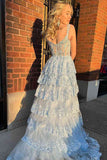 Light Blue Lace Tiered Tulle Long Corset Prom Dresses TP1318-Tirdress