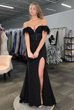 Mermaid Feathered Off the Shoulder Corset Black Prom Dress TP1353-Tirdress