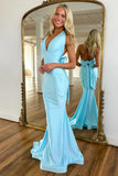 Mermaid Halter Bow Tie Back Blue Long Prom Dress Party Dress TP1411-Tirdress