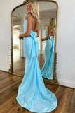 Mermaid Halter Bow Tie Back Blue Long Prom Dress Party Dress TP1411-Tirdress