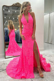 Mermaid Halter Neck Corset Pink Prom Dress with Lace Appliques TP1410-Tirdress