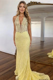 Mermaid Halter Neck Corset Lace Yellow Long Prom Dress TP1352