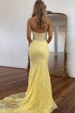 Mermaid Halter Neck Corset Lace Yellow Long Prom Dress TP1352-Tirdress