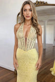 Mermaid Halter Neck Corset Lace Yellow Long Prom Dress TP1352-Tirdress