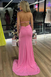 Mermaid Halter Rosette Pink Long Prom Dress Party Dress with Slit TP1382-Tirdress