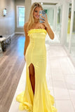 Mermaid Ruffles Strapless Yellow Long Prom Dress with Slit TP1418-Tirdress