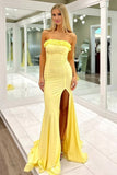 Mermaid Ruffles Strapless Yellow Long Prom Dress with Slit TP1418