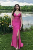 Mermaid Straps Appliques Fuchsia Long Prom Dress with Slit TP1351