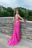 Mermaid Spaghetti Straps Appliques Fuchsia Long Prom Dress with Slit TP1351-Tirdress