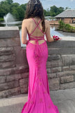 Mermaid Spaghetti Straps Appliques Fuchsia Long Prom Dress with Slit TP1351-Tirdress