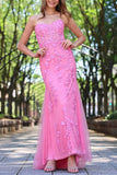 Mermaid Strapless Lace Appliques Pink Long Prom Dress TP1354-Tirdress