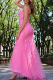 Mermaid Strapless Lace Appliques Pink Long Prom Dress TP1354-Tirdress