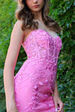 Mermaid Strapless Lace Appliques Pink Long Prom Dress TP1354-Tirdress