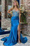 Mermaid Strapless V-Neck Pleated Blue Long Prom Dress with Slit TP1359