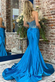 Mermaid Strapless V-Neck Pleated Blue Long Prom Dress with Slit TP1359-Tirdress