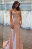 Mermaid V-neck Light Pink Satin Appliques Long Prom Dress TP1403