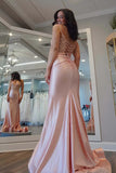 Mermaid V-neck Light Pink Satin Appliques Long Prom Dress TP1403-Tirdress