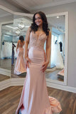 Mermaid V-neck Light Pink Satin Appliques Long Prom Dress TP1403-Tirdress