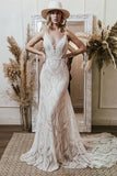 Mermaid V Neck Lace Bohemian Long Wedding Dress TD0014