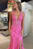 Mermaid V Neck Pink Long Prom Dress with Appliques TP1338-Tirdress