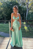 Mint Green Sheath Waist Hollow Tie Back Long Prom Dress TP1413