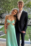 Mint Green Sheath Waist Hollow Tie Back Long Prom Dress TP1413-Tirdress