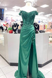 Off Shoulder Applique Pleated Mermaid Green Prom Dress TP1328