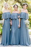 Off Shoulder Ruffles Pleated Chiffon Gray Blue Bridesmaid Dress TY0036