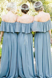 Off Shoulder Ruffles Pleated Chiffon Gray Blue Bridesmaid Dress TY0036-Tirdress