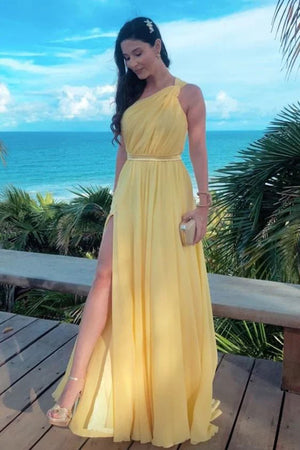 One Shoulder Yellow Long Prom Dress Sexy Prom Dress TP1333-Tirdress