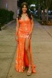 Orange V Neck Sequins Long Mermaid Prom Dresses TP1312