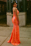 Orange V Neck Sequins Long Mermaid Prom Dresses TP1312-Tirdress