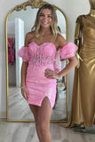 Pink Strapless Applique Bodycon Homecoming Dress wiith Sleeves TN429-Tirdress