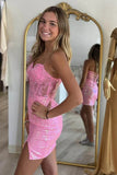 Pink Strapless Applique Bodycon Homecoming Dress wiith Sleeves TN429-Tirdress