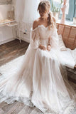 Robe de mariée bohème à pois et épaules dénudées et manches longues TD0012