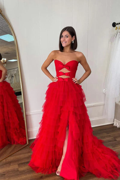 Elegant Red Straps Corset Back Long Prom Evening Dress with Slit – Tirdress