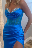 Royal Blue Mermaid Strapless Corset Long Prom Dress TP1329-Tirdress