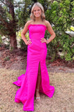 Ruffle Strapless Mermaid Hot Pink Prom Dress With Split TP1416-Tirdress