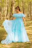 Ruffles Off the Shoulder A-line Long Corset Prom Dress TP1317