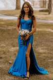 Satin Mermaid Blue Long Prom Dress with Split TP1326