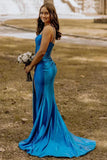 Satin Mermaid Blue Long Prom Dress with Slit TP1326-Tirdress