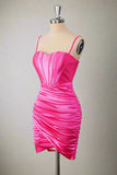 Sheath Straps Pleated Short Hot Pink Homecoming Dress TN406-Tirdress