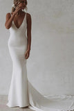 Simple Mermaid V-Neck Elastic White Satin Long Wedding Dress TD0016